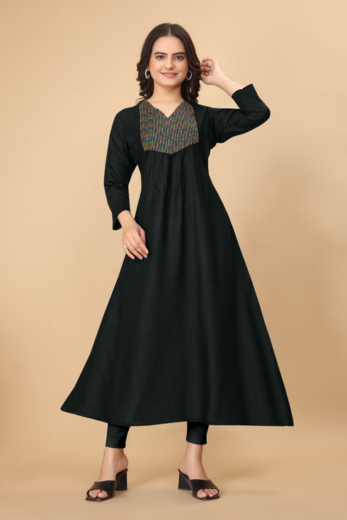 OWO THE LABEL Women Kurti Thread Embroidery Flare Long Kurta (OTLKRT2011)