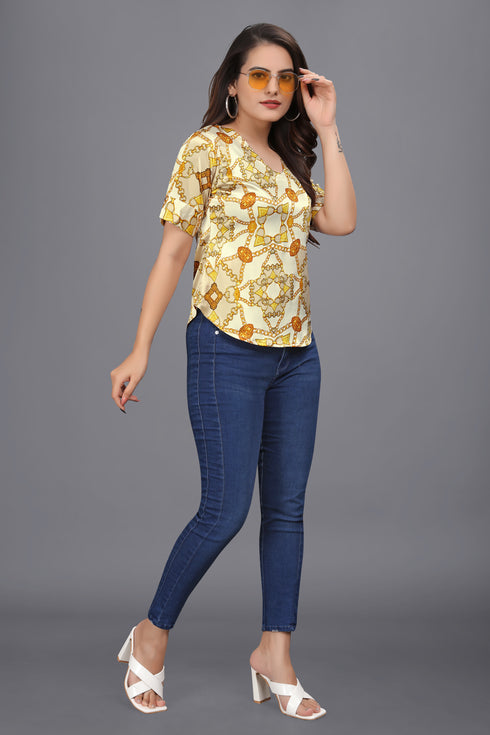 OWO THE LABEL women top chain print short sleeve yellow color v neck satin fabric (OTLTPS2003)