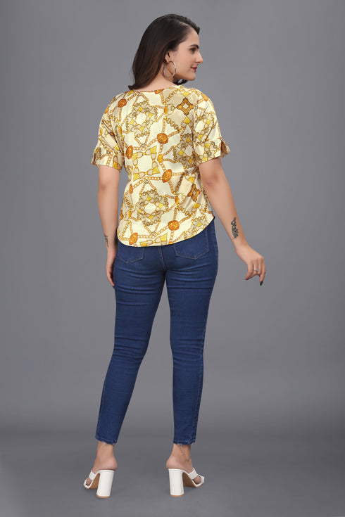 OWO THE LABEL women top chain print short sleeve yellow color v neck satin fabric (OTLTPS2003)