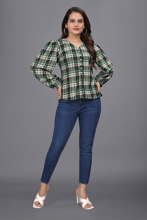 owo the label checked printed top for women puff sleeve green tops (OTLTPS2005)