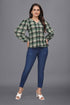 owo the label checked printed top for women puff sleeve green tops (OTLTPS2005)