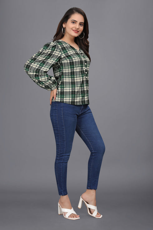owo the label checked printed top for women puff sleeve green tops (OTLTPS2005)
