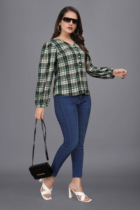 owo the label checked printed top for women puff sleeve green tops (OTLTPS2005)