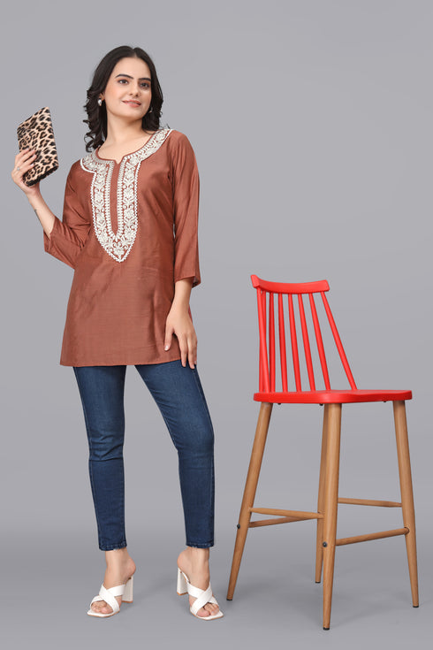 OWO THE LABEL Women Lucknowi kurti Short Floral work (OTLKRT2013)