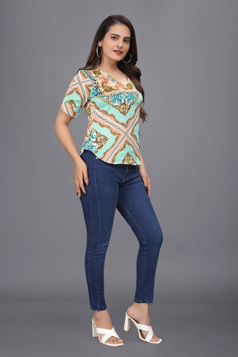 OWO THE LABEL women top printed short sleeve blue color v neck satin fabric (OTLTPS2004)