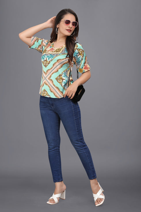 OWO THE LABEL women top printed short sleeve blue color v neck satin fabric (OTLTPS2004)