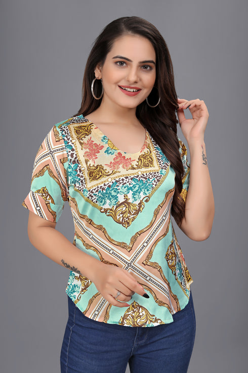 OWO THE LABEL women top printed short sleeve blue color v neck satin fabric (OTLTPS2004)