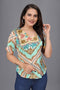 OWO THE LABEL women top printed short sleeve blue color v neck satin fabric (OTLTPS2004)