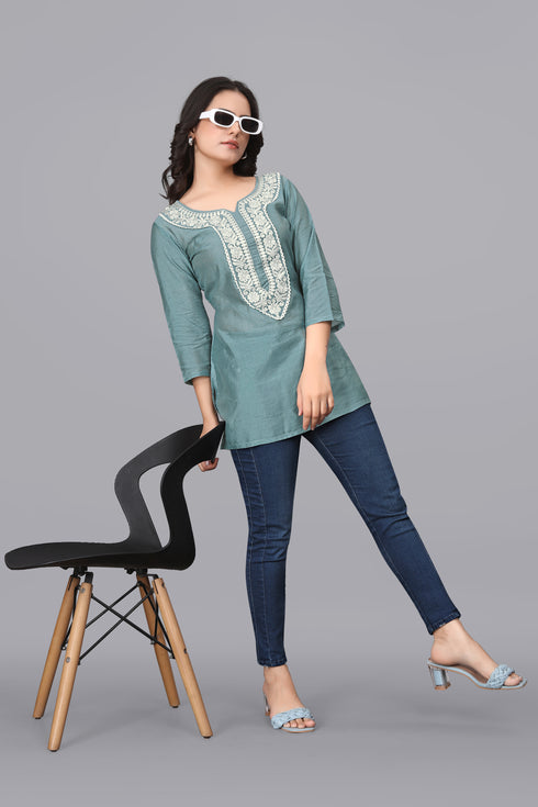 OWO THE LABEL Women Lucknowi kurti Short Floral work (OTLKRT2013)