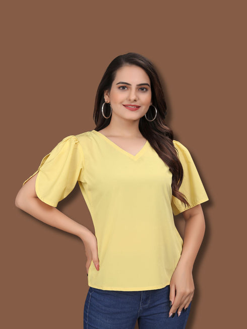 OWO THE LABEL women top yellow color solid pattern womens top stylish and trending (OTLTPS2001)