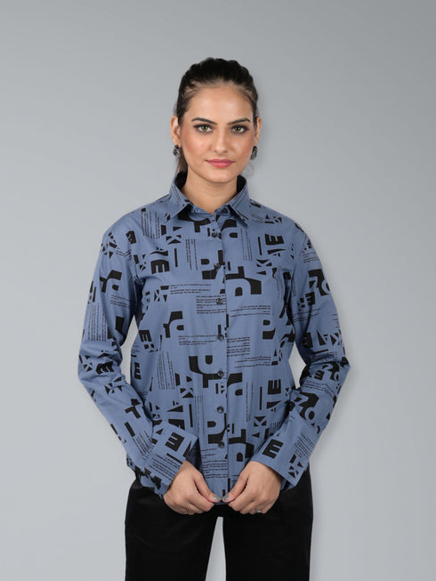 OWO THE LABEL Shirt for women stylish shirt printed party wear cotton shirt Trendy Alphabetical Print Long Sleeves Shirt (OTL-SHRT-1007)