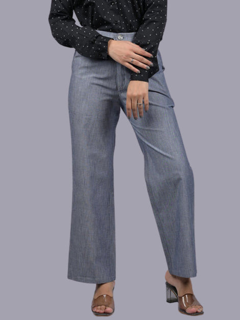 Denim for women party wear stylish pants for womens Light Grey Wide Bottom Denim Silk Pant (OTL-PNT-1005)