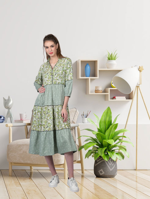 Cotton dress for women western wear party wear long dress printed dresses Women's Sian Green Dot Print V-Neck Long Dress (OTLDRS1002)