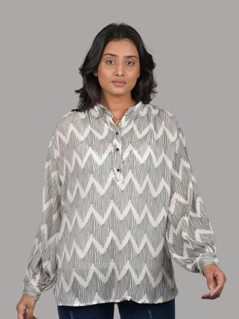 top for women western wear stylish and trending party wear printed Black And White Zigzag Print Long Sleeves Top (OTL-TPS1077)