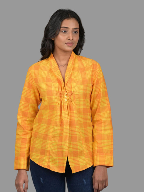 Women Mustard Yellow Checkered Cotton Top | V-Neck Full Sleeve Shirt Style Top | (OTL-TPS1076)