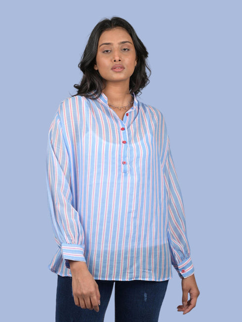 Chiffon top for women western wear stylish top trending Light Blue Striped Top With Long Sleeves (OTL-TPS1080)