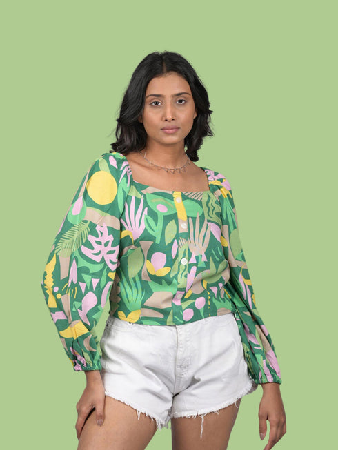 Printed Crop Top With Balloon Sleeves (OTL-TPS1084)