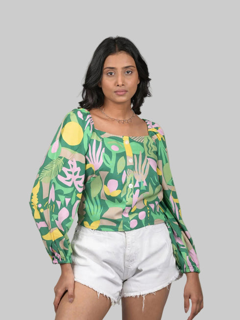 Printed Crop Top With Balloon Sleeves (OTL-TPS1084)