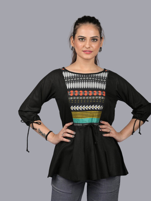 cotton top for women party wear and stylish and trending tops Black Front Patch Work Tunic Style Top (OTL-TPS1097)