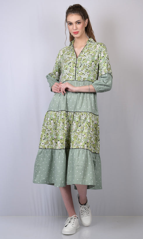 Sage Green Floral Tiered Maxi Dress | V-Neck Cotton Dress | OWO THE LABEL (OTLDRS1002)