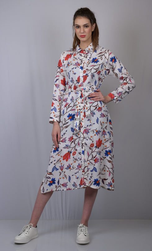 Women's White Floral Print Cotton Shirt Dress with Belt | Long Sleeve Midi Dress | OWO THE LABEL