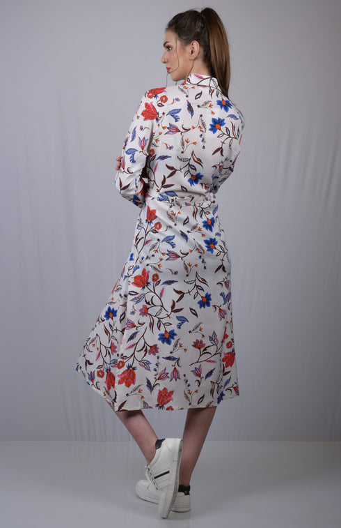 Women's White Floral Print Cotton Shirt Dress with Belt | Long Sleeve Midi Dress | OWO THE LABEL