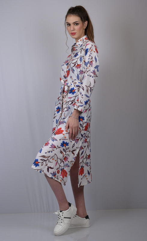 Women's White Floral Print Cotton Shirt Dress with Belt | Long Sleeve Midi Dress | OWO THE LABEL