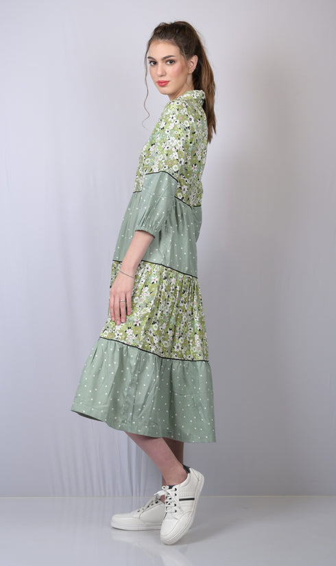 Cotton dress for women western wear party wear long dress printed dresses Women's Sian Green Dot Print V-Neck Long Dress (OTLDRS1002)