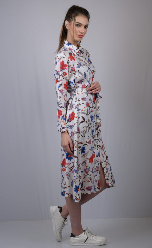 Women's White Floral Print Cotton Shirt Dress with Belt | Long Sleeve Midi Dress | OWO THE LABEL