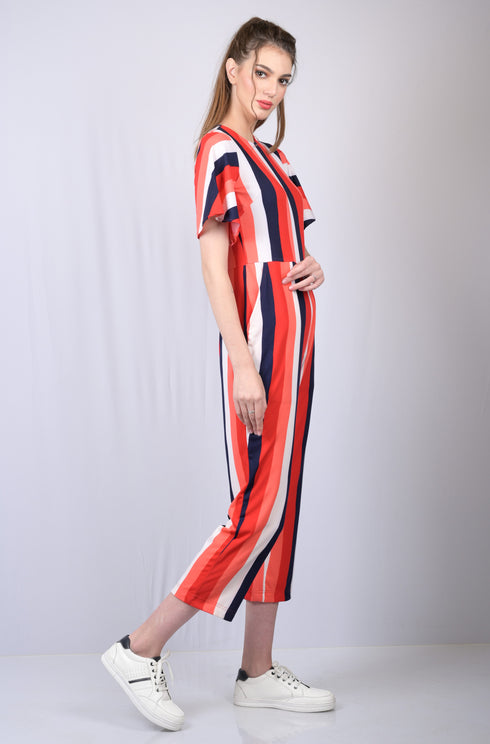 Party wear Stripe printed jumpsuit for Women Red &White Striped Jumpsuit (OTL-JMS1001)