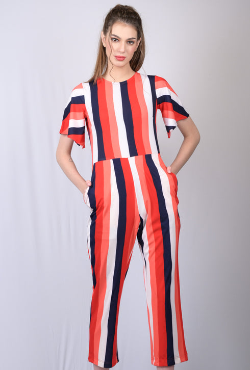 Party wear Stripe printed jumpsuit for Women Red &White Striped Jumpsuit (OTL-JMS1001)