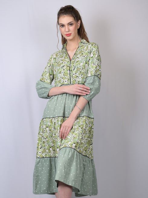 Cotton dress for women western wear party wear long dress printed dresses Women's Sian Green Dot Print V-Neck Long Dress (OTLDRS1002)