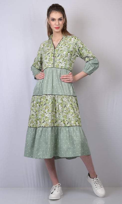 Cotton dress for women western wear party wear long dress printed dresses Women's Sian Green Dot Print V-Neck Long Dress (OTLDRS1002)