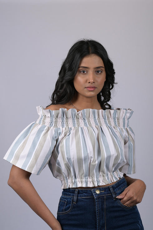 Top for women western wear stylish Grey And White Striped Off Shoulder Top (OTL-TPS1041)