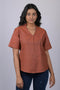 Party wear top for women western wear stylish top for women party marriage and anniversary Rust Colour V-Neck Top With Collar (OTL-TPS1043)