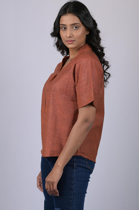 Party wear top for women western wear stylish top for women party marriage and anniversary Rust Colour V-Neck Top With Collar (OTL-TPS1043)