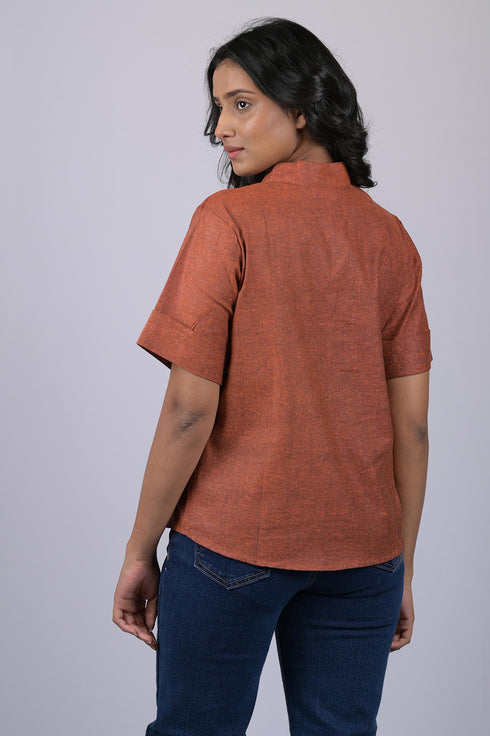 Party wear top for women western wear stylish top for women party marriage and anniversary Rust Colour V-Neck Top With Collar (OTL-TPS1043)