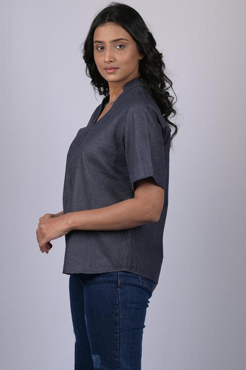 Solid v neck top for women western wear stylish tops magic cotton short sleeve Dark Grey Colour V-Neck Top With Collar (OTL-TPS1044)