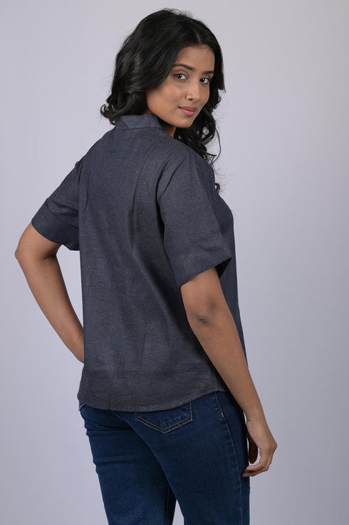 Solid v neck top for women western wear stylish tops magic cotton short sleeve Dark Grey Colour V-Neck Top With Collar (OTL-TPS1044)