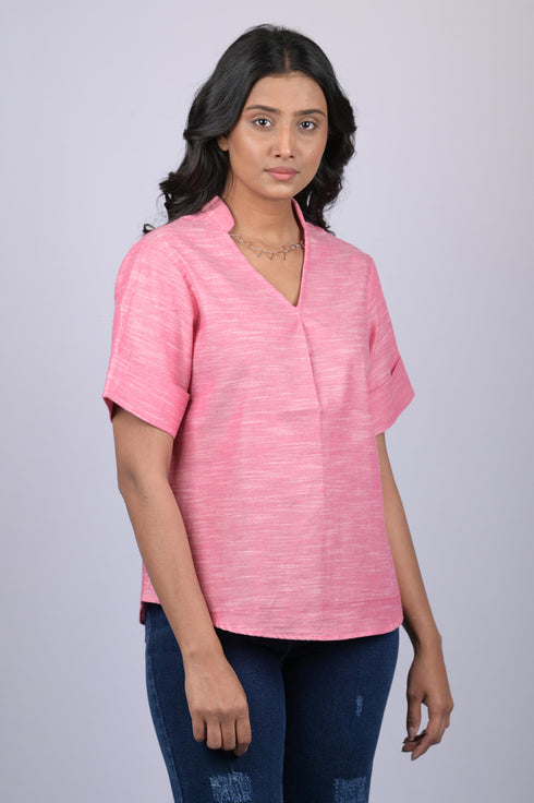 Pink Colour V-Neck Top With Collar (OTL-TPS1045)
