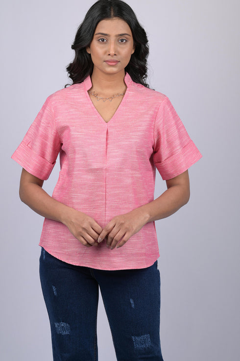 Pink Colour V-Neck Top With Collar (OTL-TPS1045)