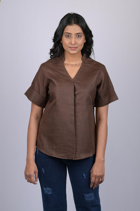 Halfsleeve top party wear western wear trending top Dark Brown Colour V-Neck Top With Collar (OTL-TPS1046)