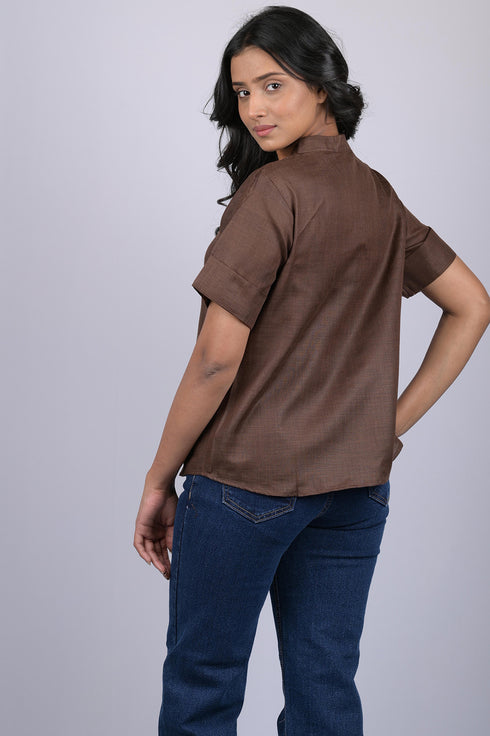 Halfsleeve top party wear western wear trending top Dark Brown Colour V-Neck Top With Collar (OTL-TPS1046)