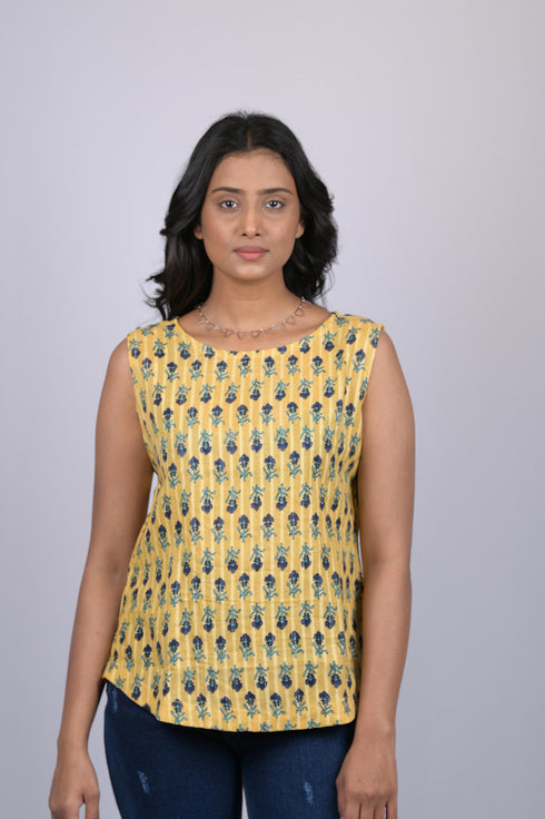 Sleeve Less cotton printed top for women Yellow & Navy Blue Flower Print Top (OTL-TPS1047)