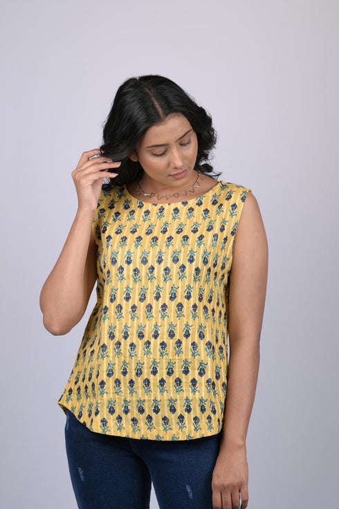 Sleeve Less cotton printed top for women Yellow & Navy Blue Flower Print Top (OTL-TPS1047)