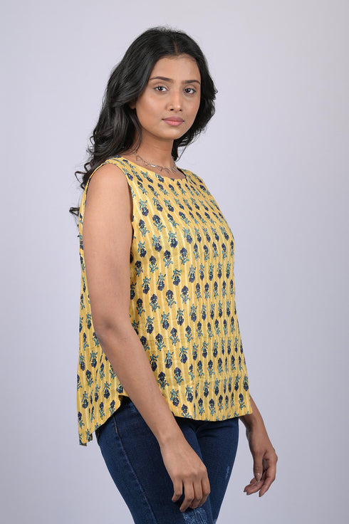 Sleeve Less cotton printed top for women Yellow & Navy Blue Flower Print Top (OTL-TPS1047)