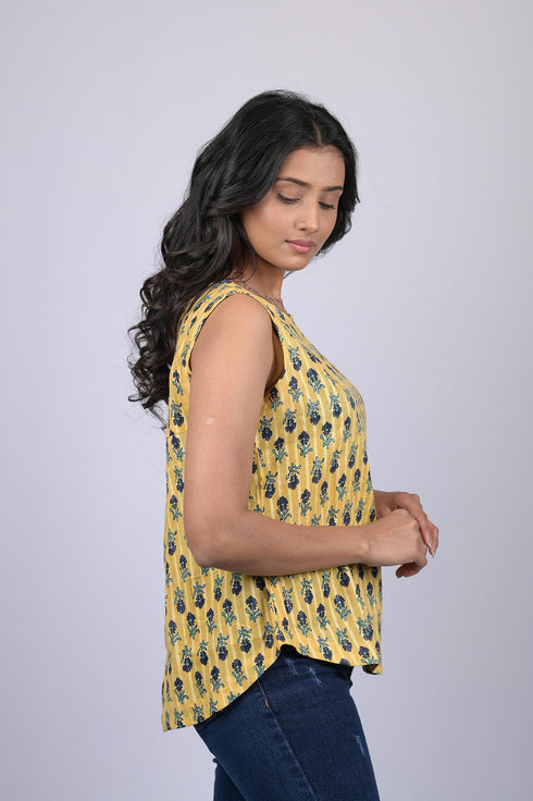 Sleeve Less cotton printed top for women Yellow & Navy Blue Flower Print Top (OTL-TPS1047)