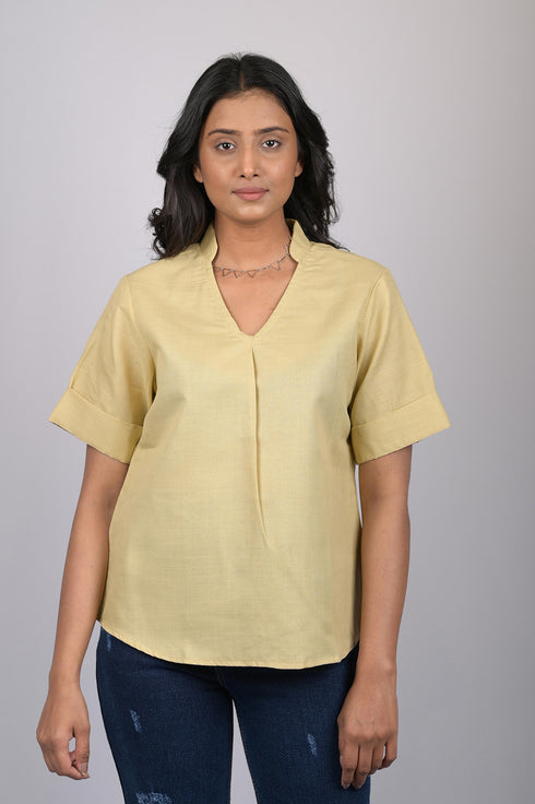 Top for women branded garments party wear short sleeve Mustard Yellow V-Neck Top With Collar (OTL-TPS1056)