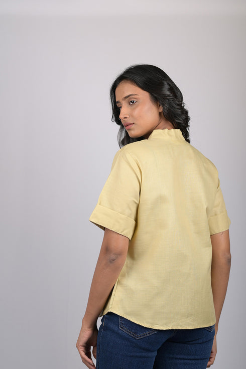 Top for women branded garments party wear short sleeve Mustard Yellow V-Neck Top With Collar (OTL-TPS1056)