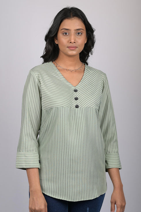 Party wear top for women western wear top stylish top trending 3/4 sleeve Light Green And Black Striped V-Neck Top (OTL-TPS1057)